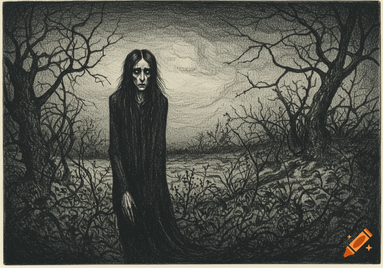 Pencil drawing of a gaunt figure standing in a dark, desolate landscape with bare trees.
