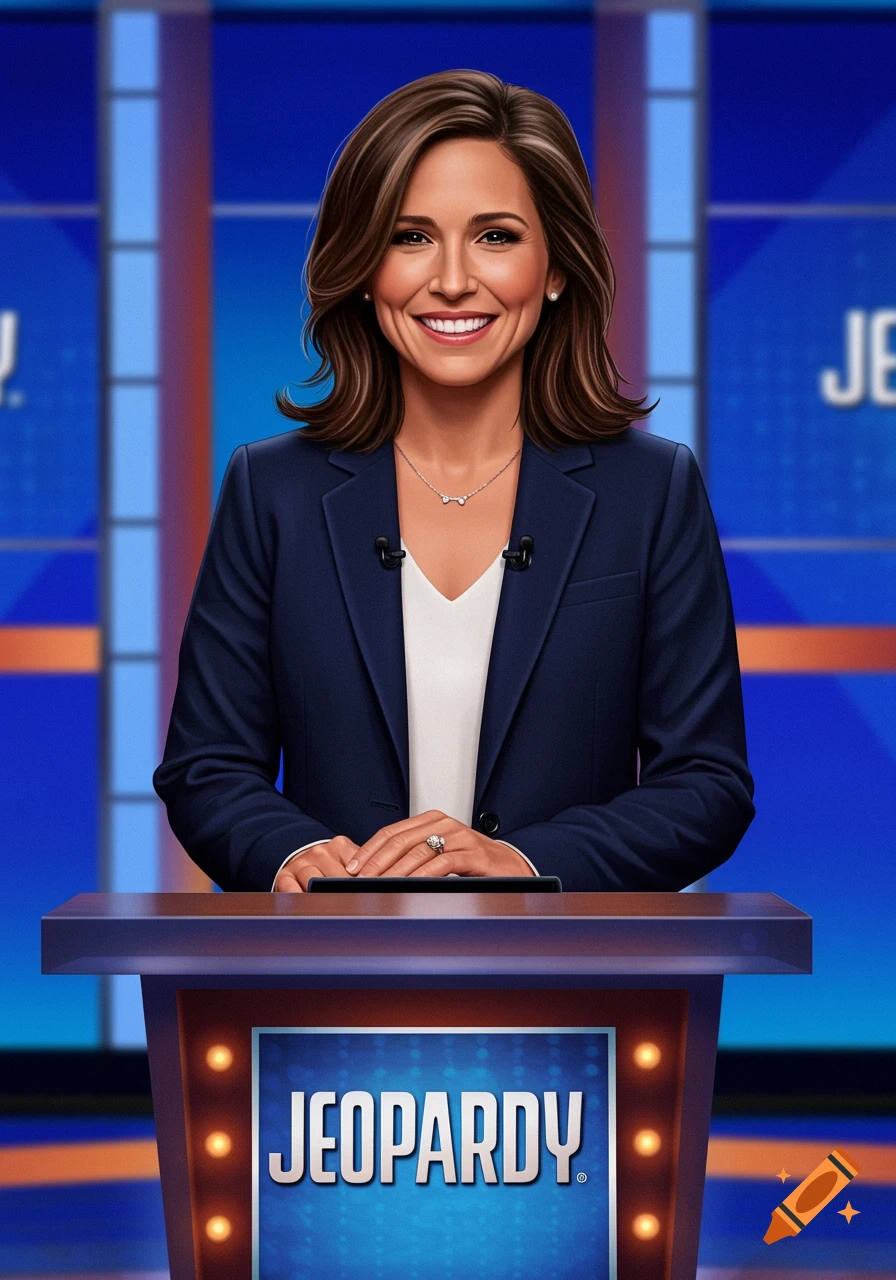 A smiling woman stands behind the Jeopardy podium on the TV show set.