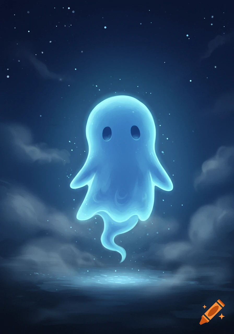 A glowing blue cartoon ghost floats in a dark night sky among clouds and stars.