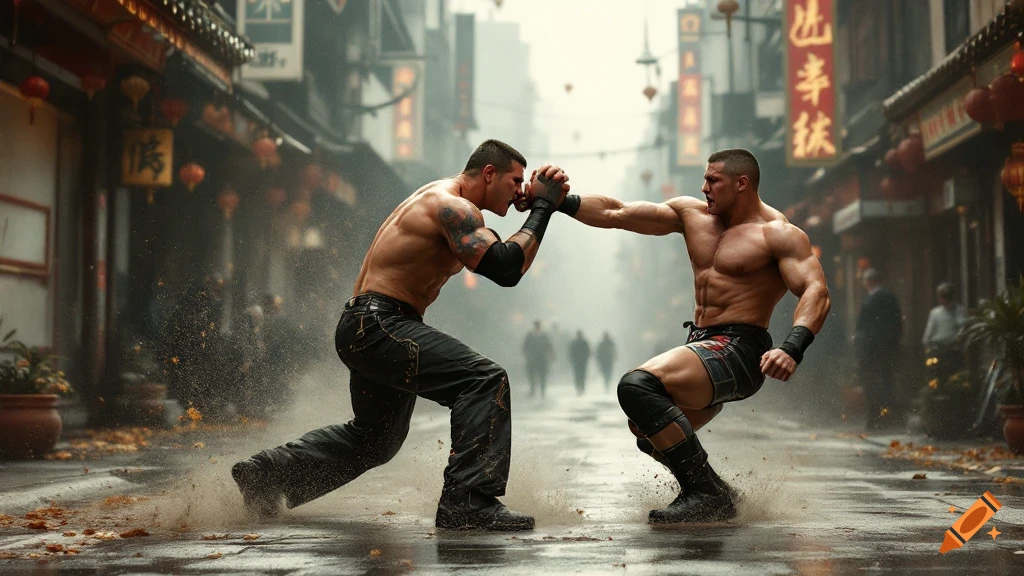 Two muscular men wrestling in a wet Chinese street.