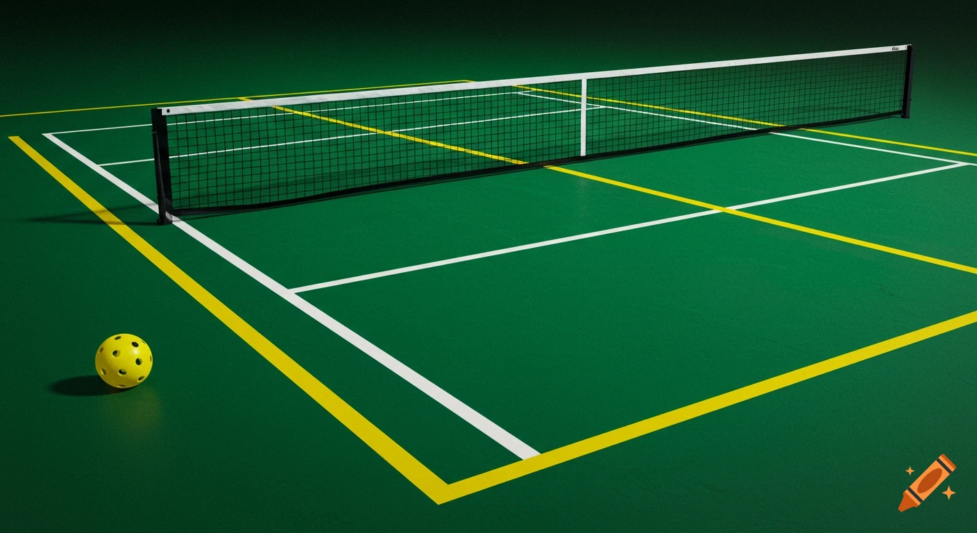A pickleball court with a net and a bright yellow pickleball on the green surface with yellow and white lines.