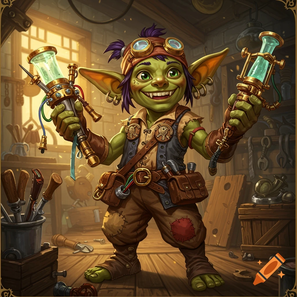 A happy goblin artificer in a workshop holds up two elaborate steampunk-style devices.