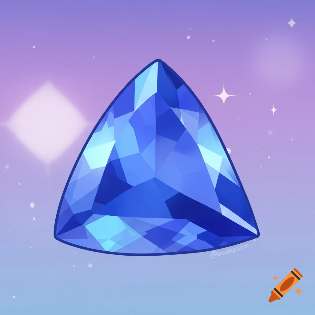 A stylized blue trillion-cut gem floats against a purple and blue starry background.