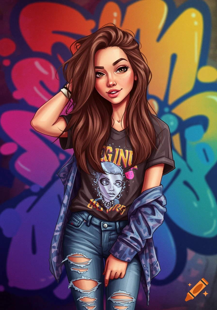 Illustration of a teenage girl in ripped jeans, t-shirt, and jacket standing in front of graffiti.