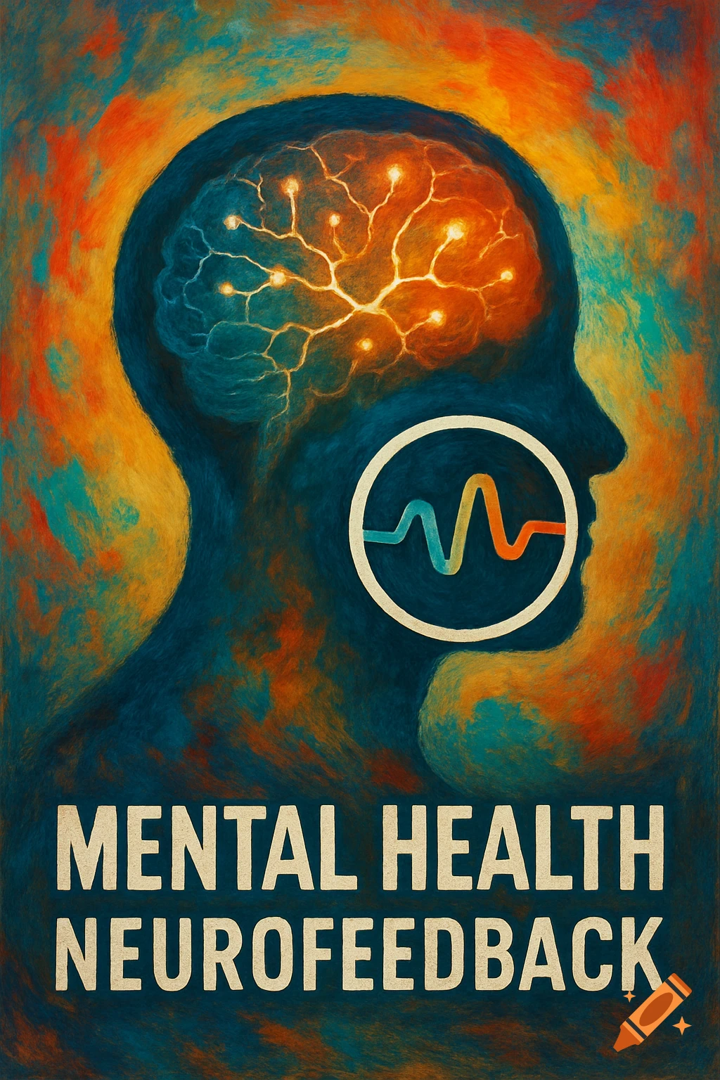 Stylized poster of a head with an illuminated brain and a waveform logo, with text 'MENTAL HEALTH NEUROFEEDBACK'