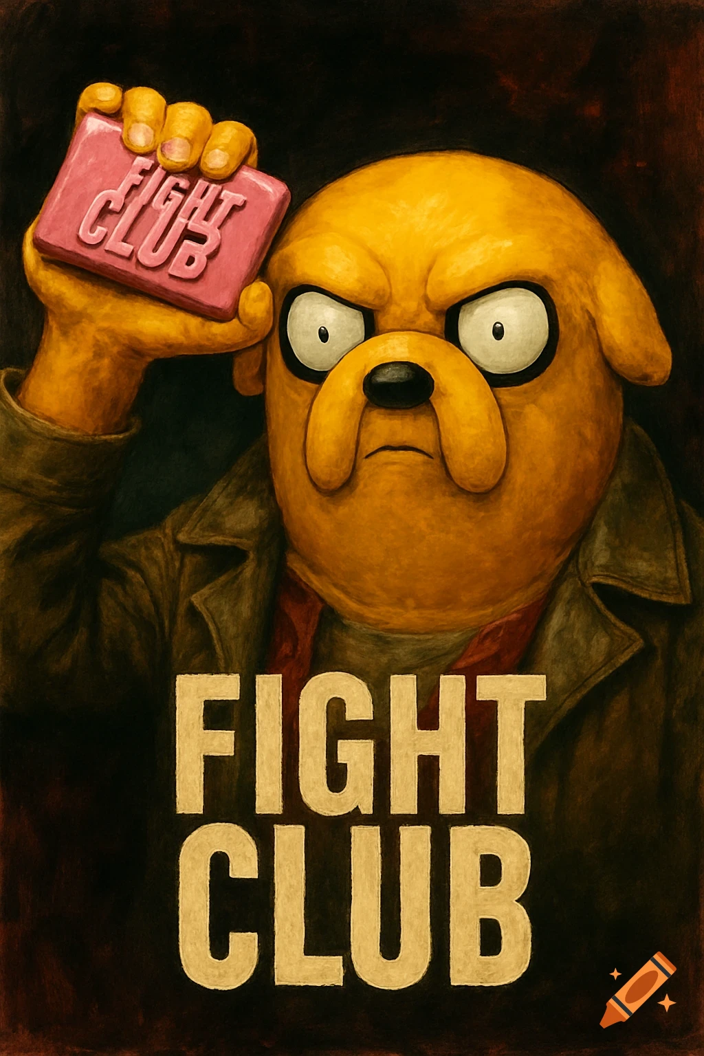 Illustration of Jake the dog in the style of the Fight Club movie poster, holding a bar of soap.