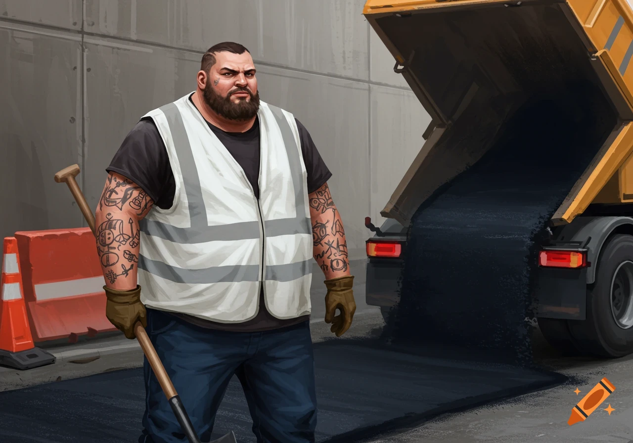 Illustrative image of a construction worker with tattoos holding a shovel beside a dump truck pouring asphalt onto a road.