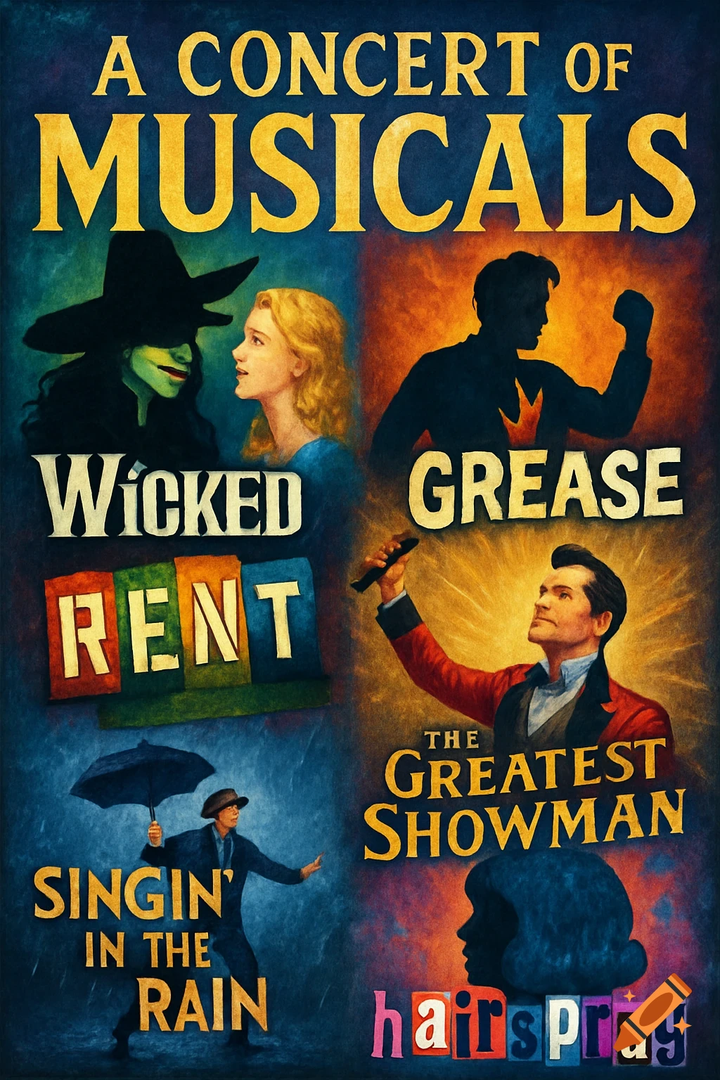 A concert poster featuring artwork and titles from Wicked, Grease, Rent, Greatest Showman, Singing in the Rain, and Hairspray.