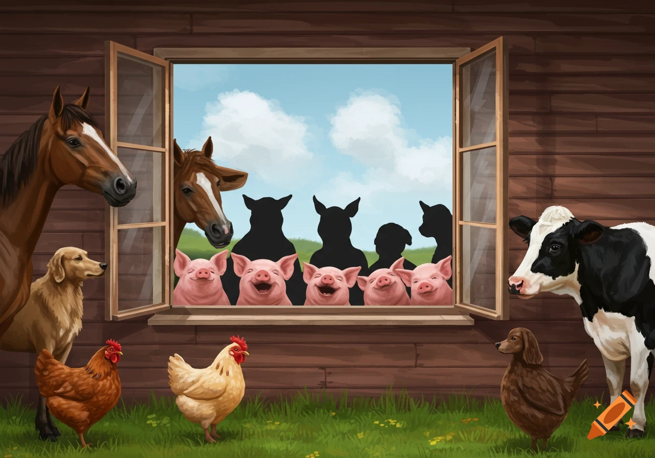 Farm animals and dogs look through a barn window at pigs and silhouettes inside.