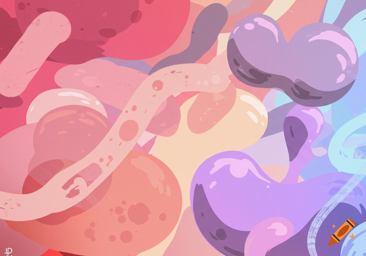 Abstract pattern of colorful, glossy, organic shapes.