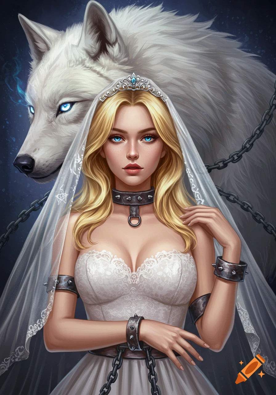 A blonde woman in a wedding dress with chains stands before a large white wolf with glowing blue eyes.