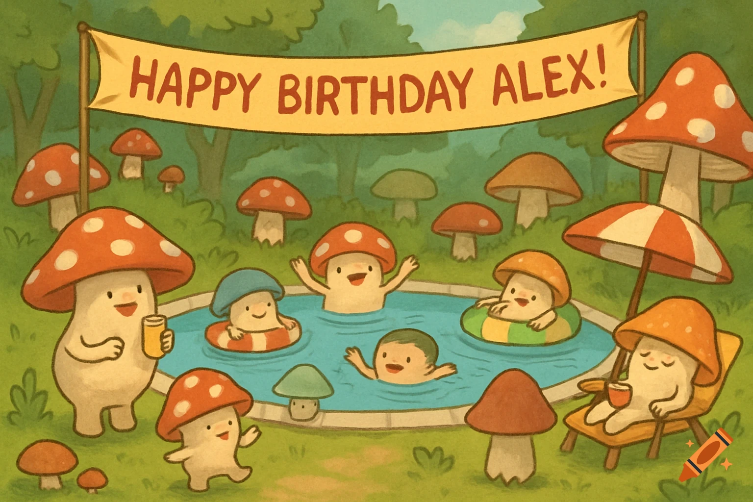 Illustrated scene of mushroom characters having a birthday pool party with a banner