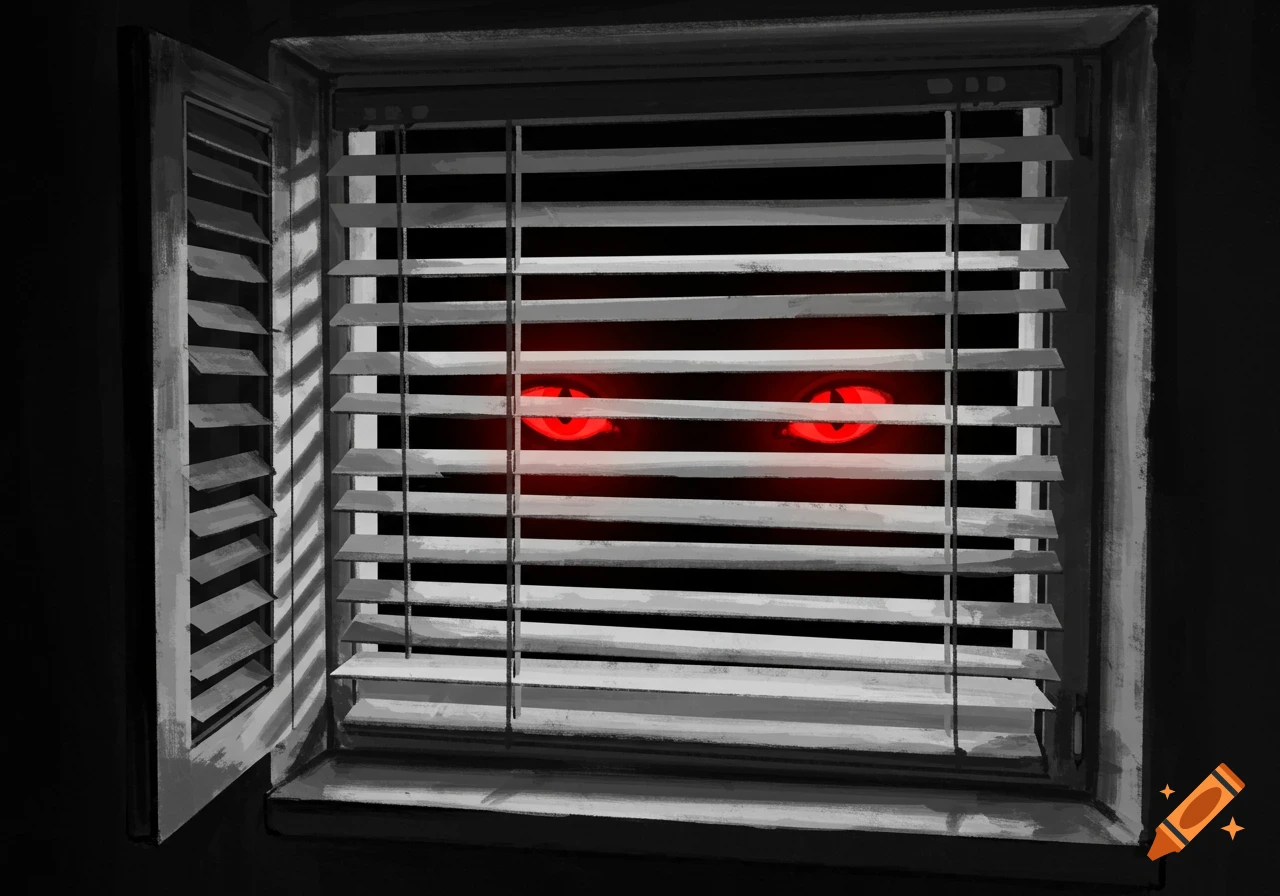 Red eyes peer through closed window blinds in a dark room.