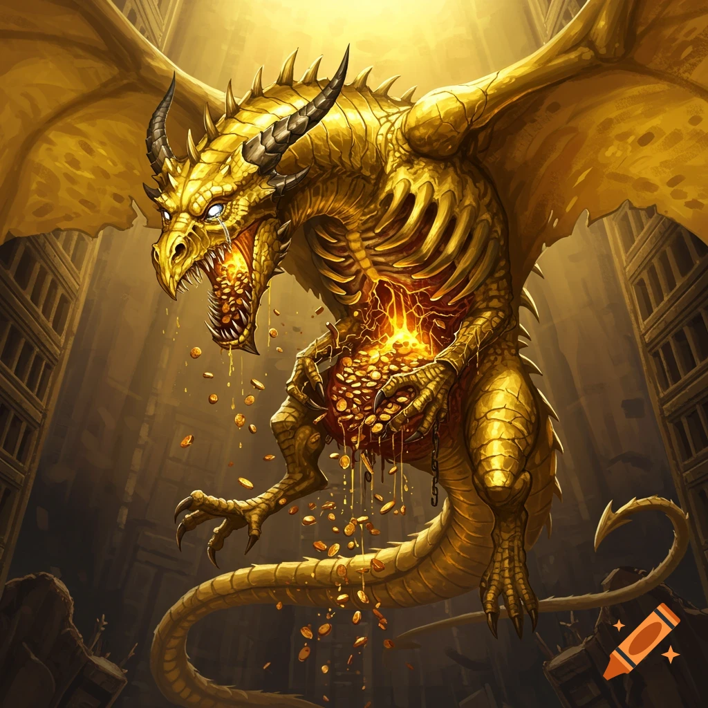 A large golden dragon with exposed ribs and chest overflowing with gold ...