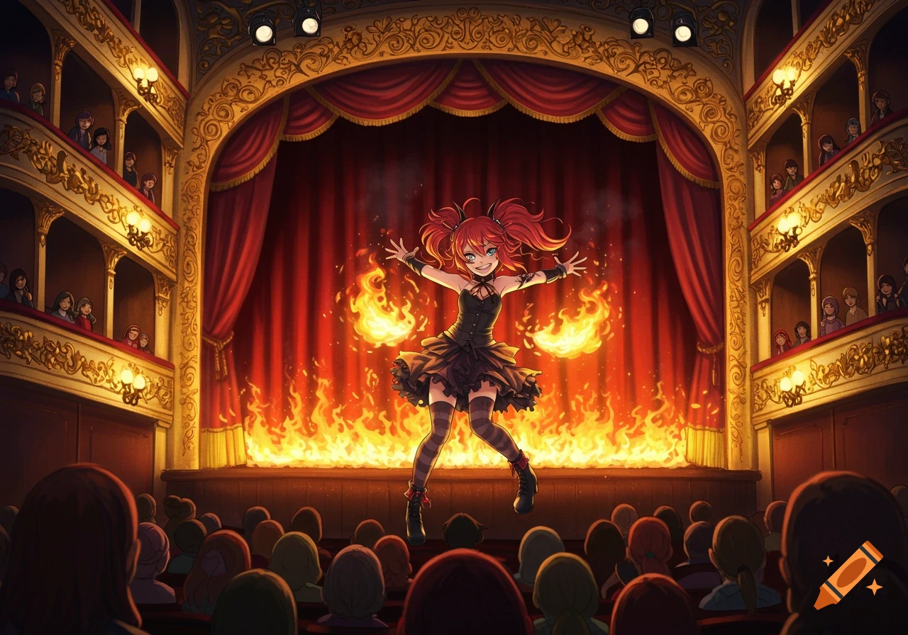 Anime girl on stage with fire behind her, performing for an audience in a theatre.