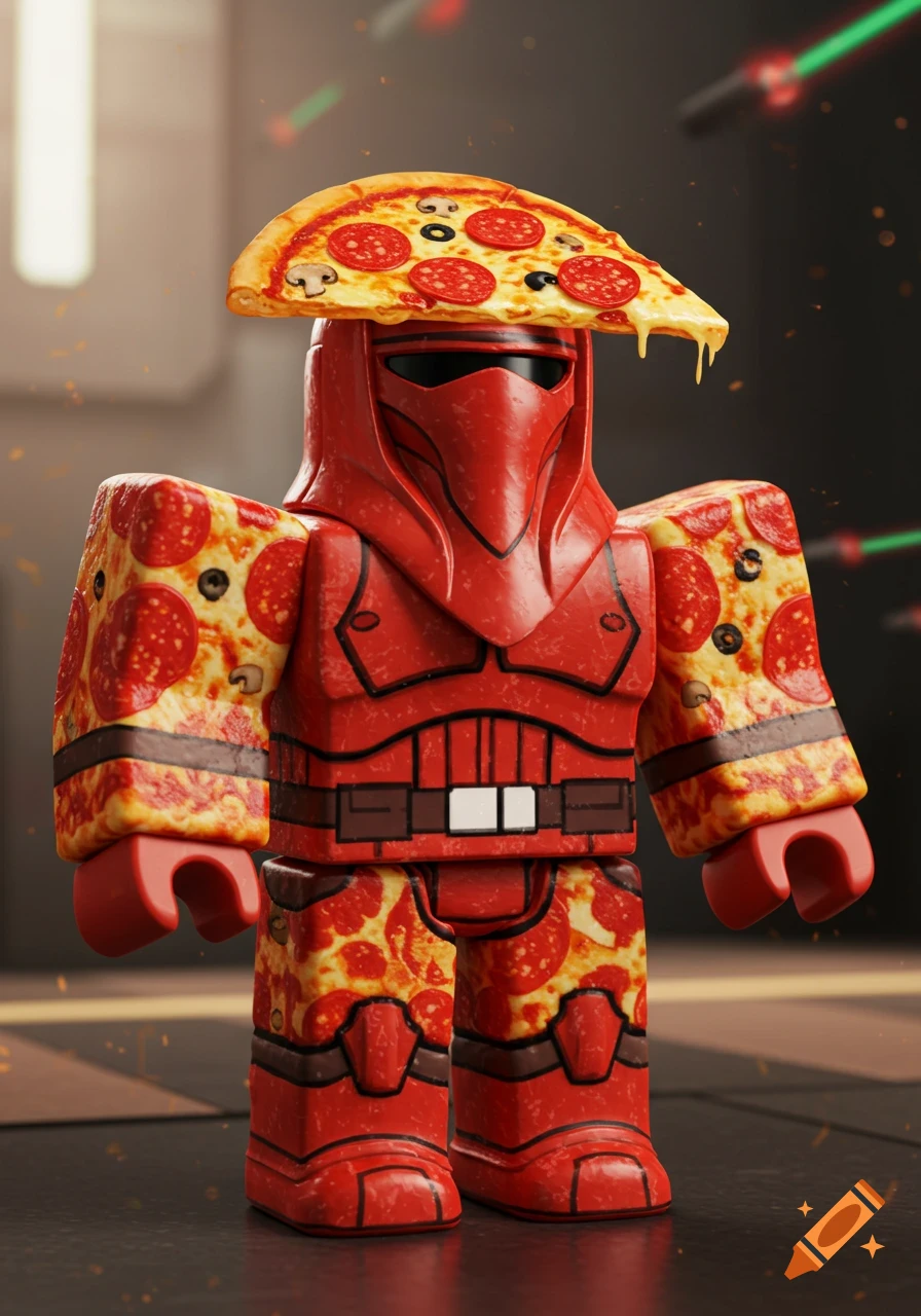 A Roblox Star Wars character wearing a red helmet and armor, covered in pizza texture, with a slice of pizza on its head.