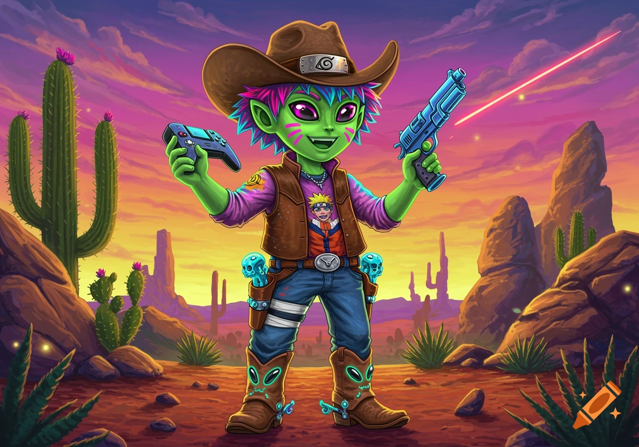 Cartoon alien kid in cowboy outfit holds game controller and laser gun in desert sunset.
