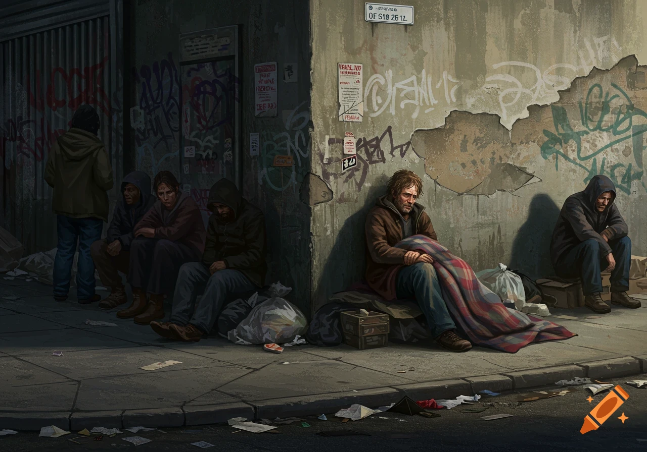Multiple figures sit on a sidewalk against a graffiti-covered wall in a somber urban scene depicting homelessness.