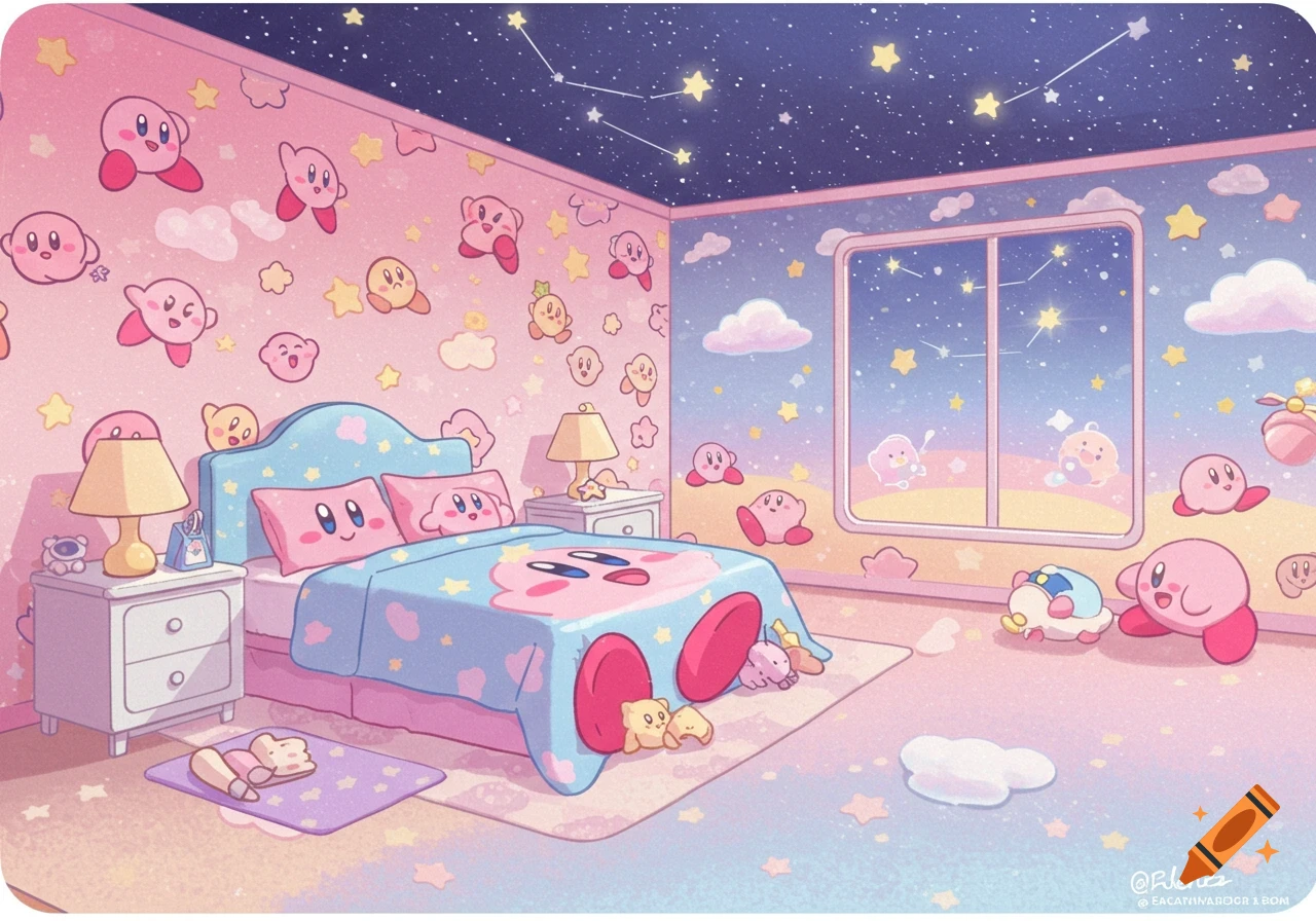 A pastel cartoon bedroom decorated with Kirby characters.