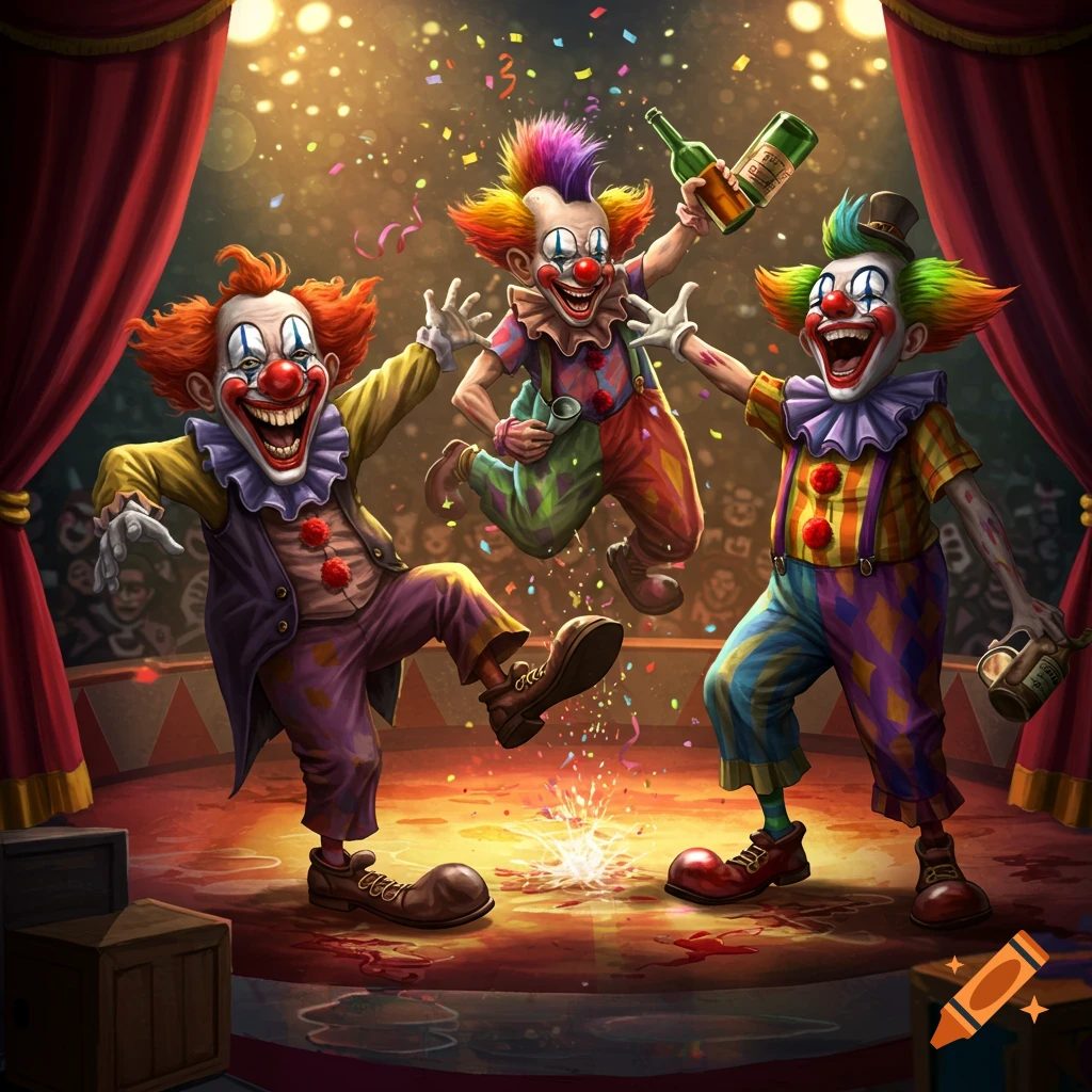 Three drunk clowns celebrate on a circus stage with confetti