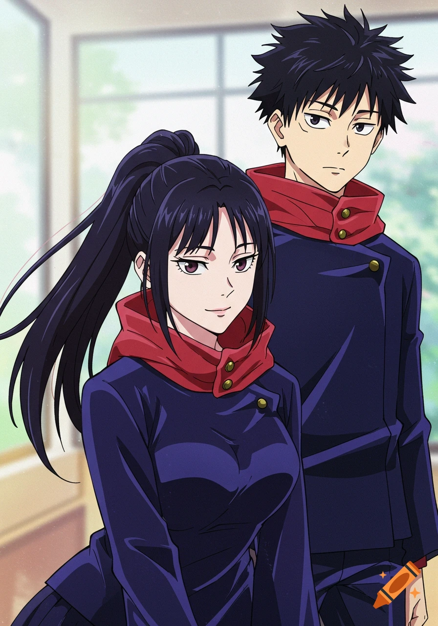 Two anime characters in school uniforms stand together.