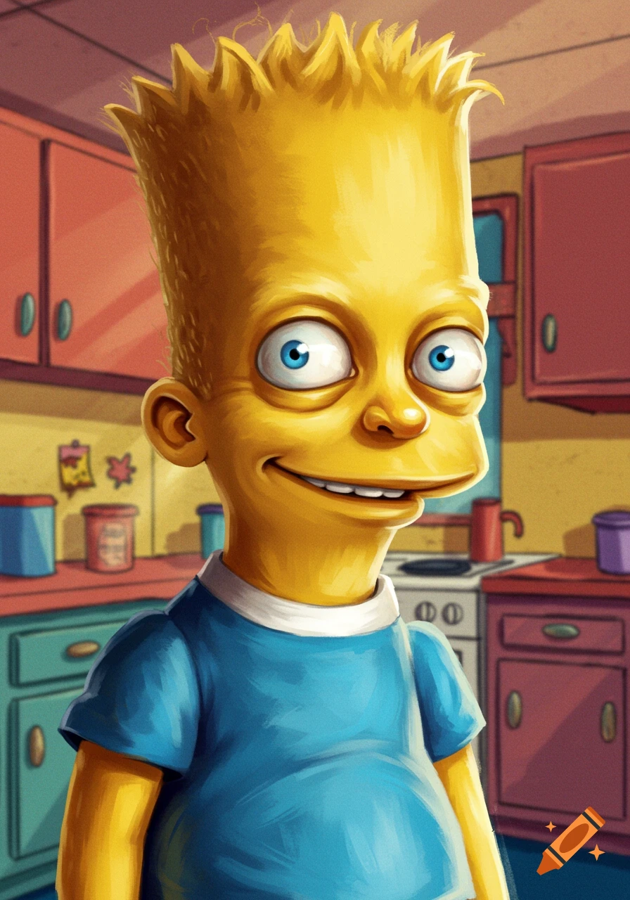 Realistic illustration of Bart Simpson in a kitchen.