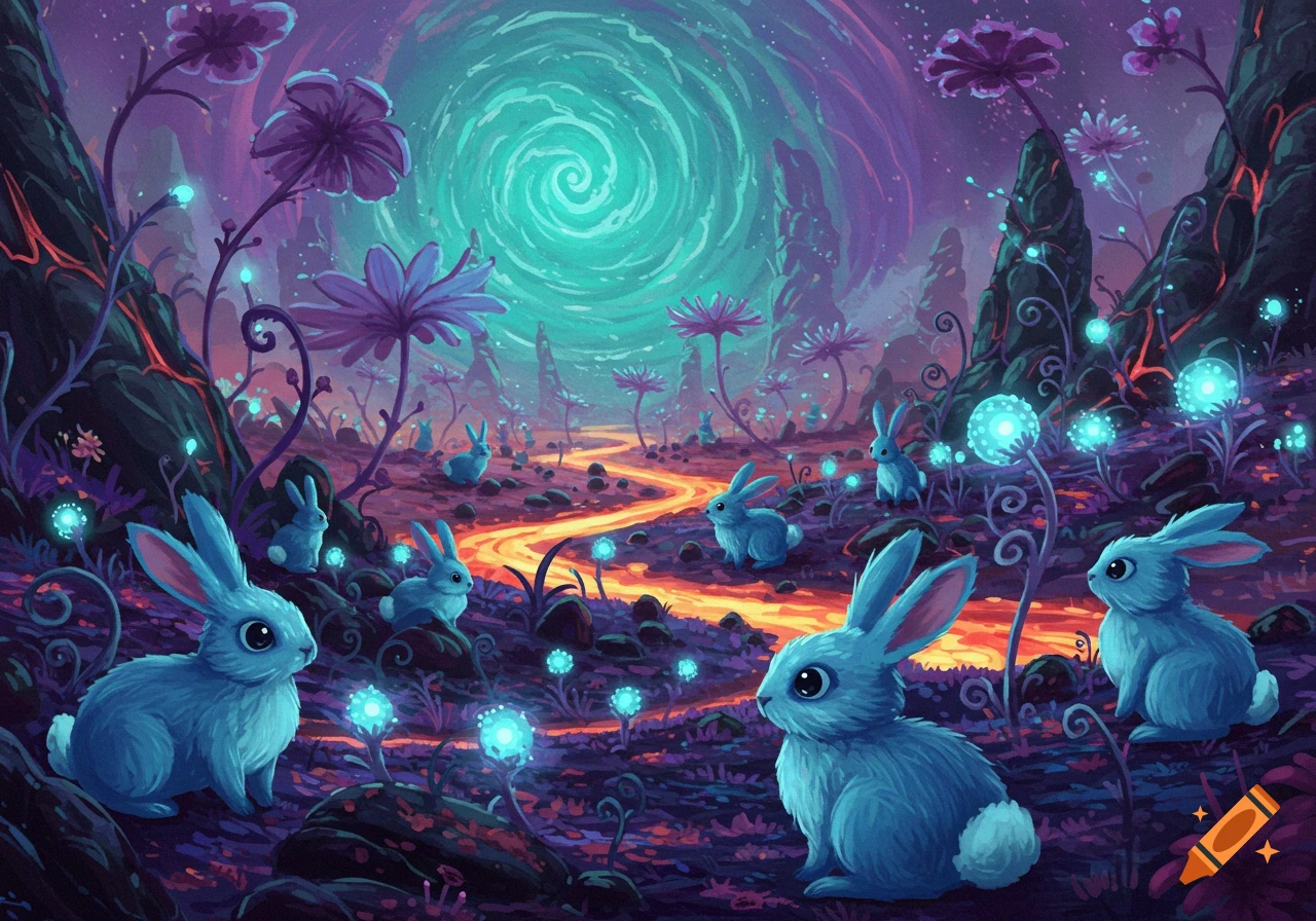 Blue rabbits in a vibrant fantasy landscape with glowing plants and a swirling purple and turquoise sky.