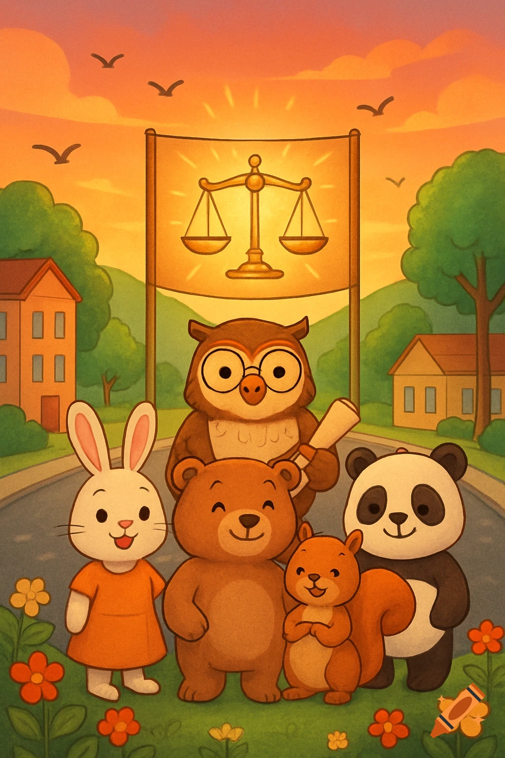 Cartoon animals including an owl, bunny, bear, squirrel, and panda stand under a banner with scales of justice at sunset.