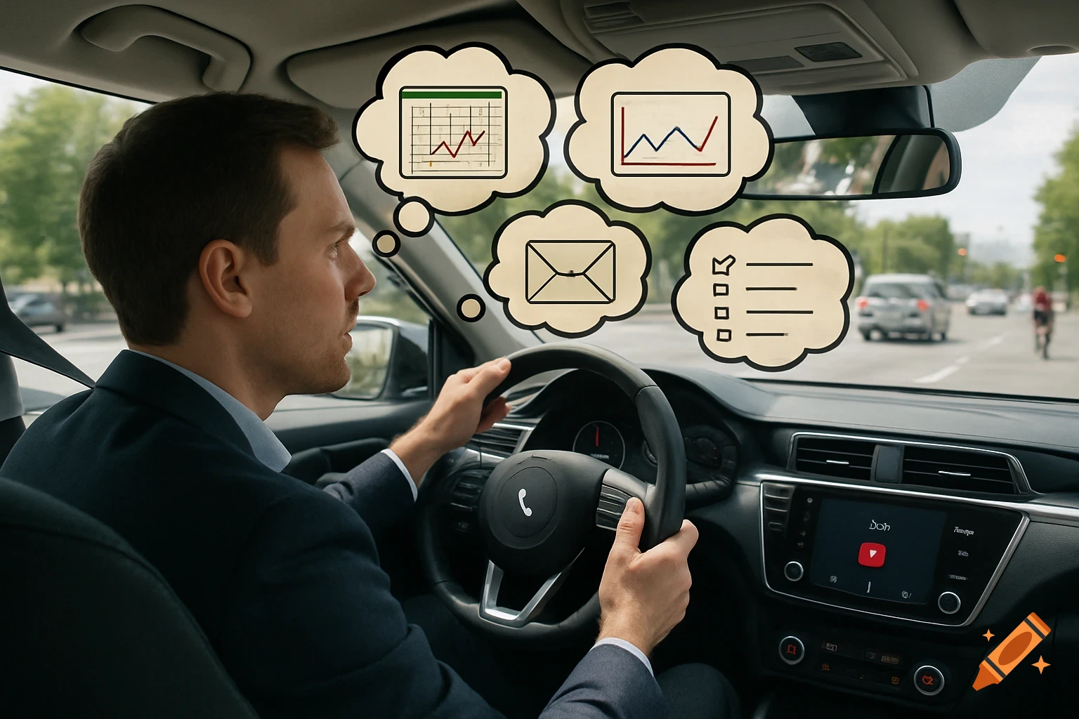 A man in a suit drives a car, with thought bubbles above his head containing icons representing charts, email, and a to-do list.