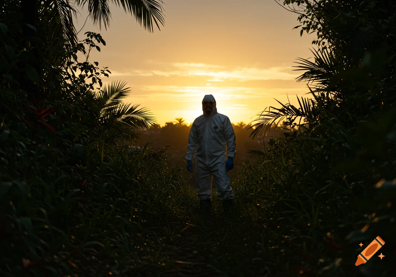 A lone person in a hazmat suit stands silhouetted against a jungle sunrise.