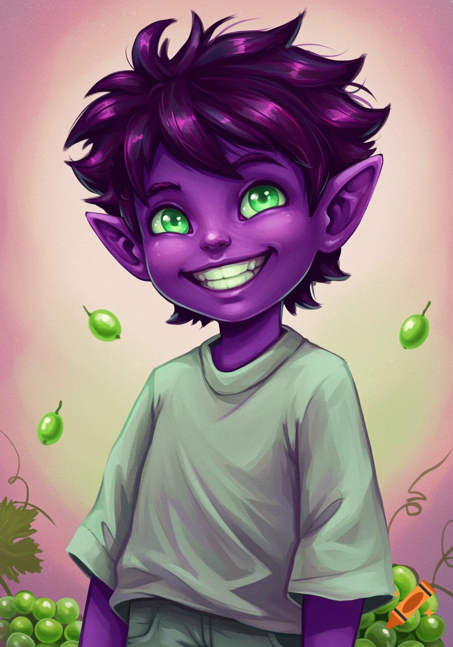 A cartoon illustration of a smiling purple elf-like boy with bright green eyes and spiky dark hair, surrounded by grapes.