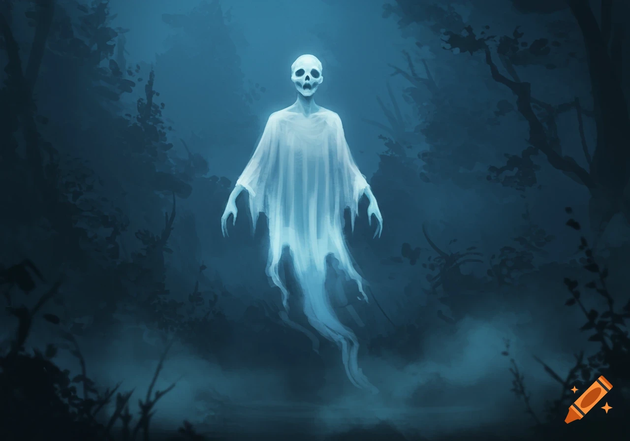 A glowing blue ghost with a skull face floats in a dark, hazy forest.