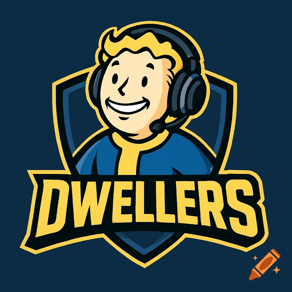 Cartoon character in a headset within a shield logo above the word DWELLERS.