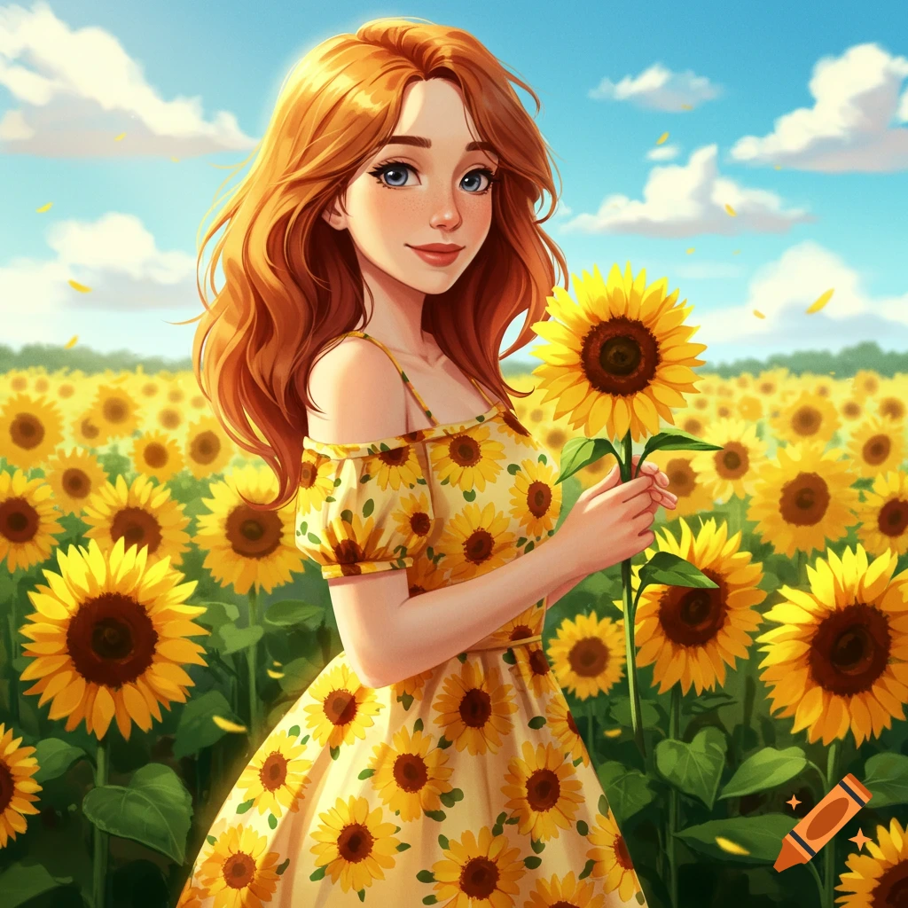 Illustration of a woman in a sunflower dress standing in a field of sunflowers
