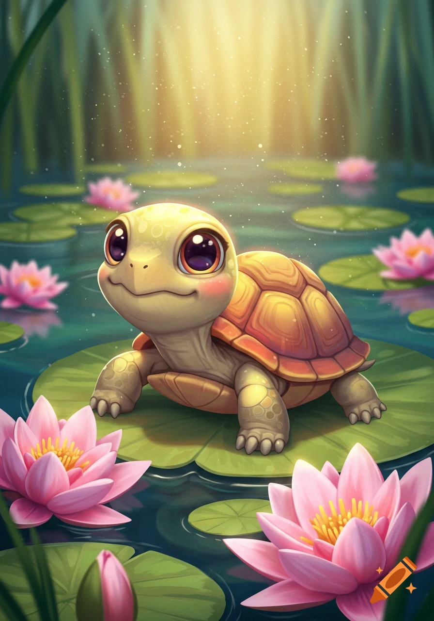 Cute cartoon turtle sitting on a lily pad in a pond with pink water lilies.