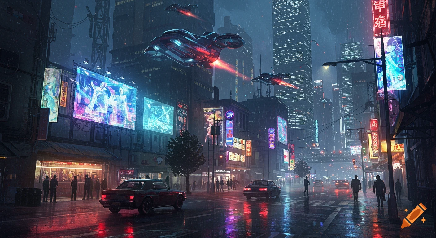 A futuristic city street at night during heavy rain, with flying vehicles, bright neon signs, and classic cars.