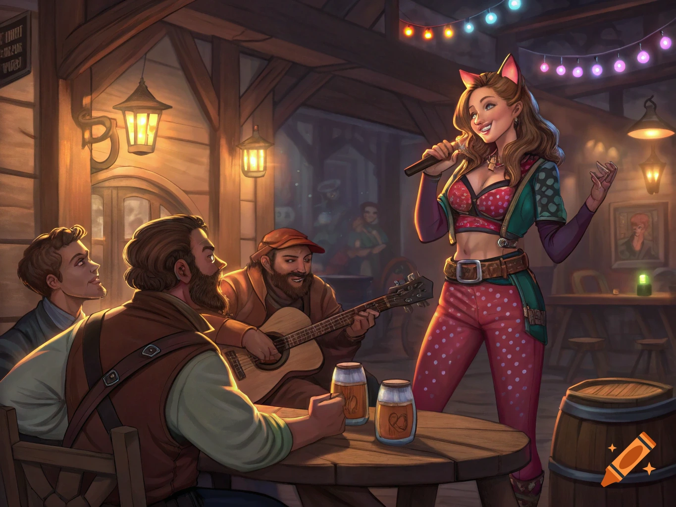 A singer with cat ears performs on stage in a tavern with musicians.