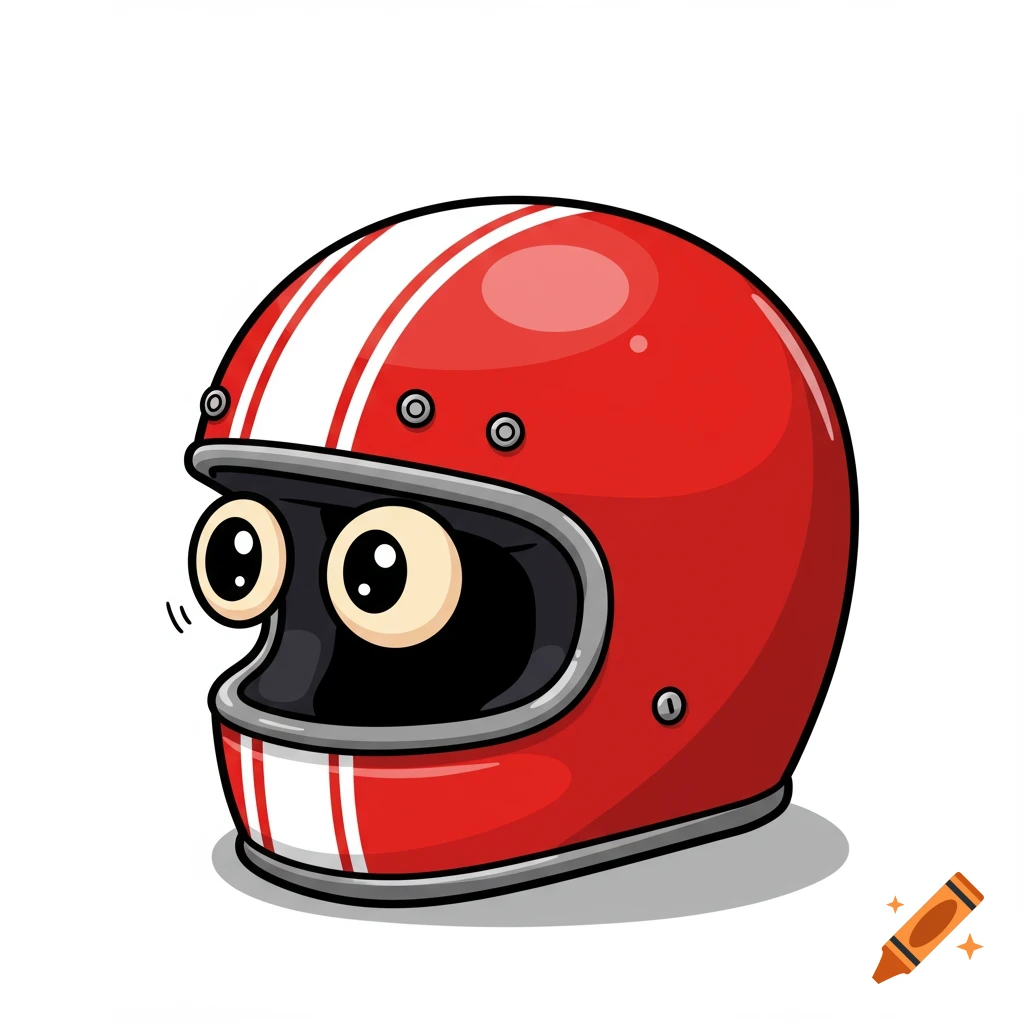 A cartoon red motorcycle helmet with big eyes