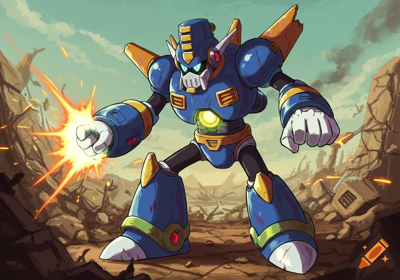 Blue and yellow robot from Mega Man Legends fires an energy punch in a ruined landscape.