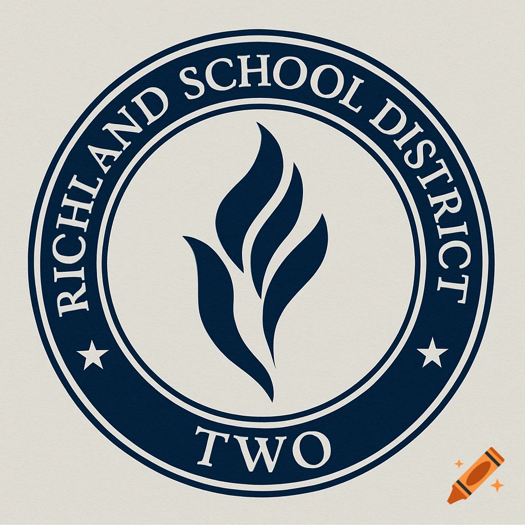 A circular logo seal with the text 'Richland School District Two' and two stars around a central stylized flame emblem.