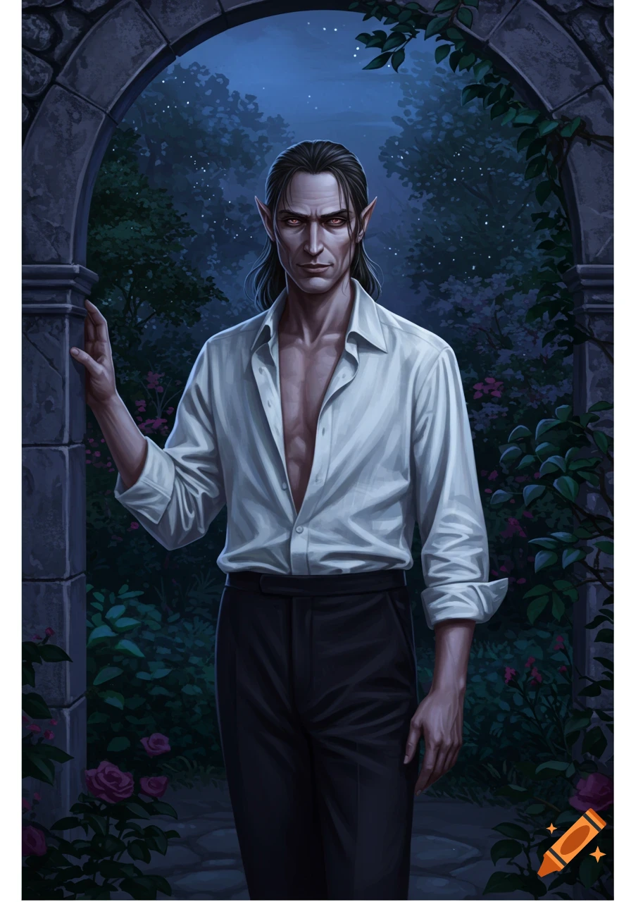 A vampire stands under a stone archway in a dark garden at twilight.