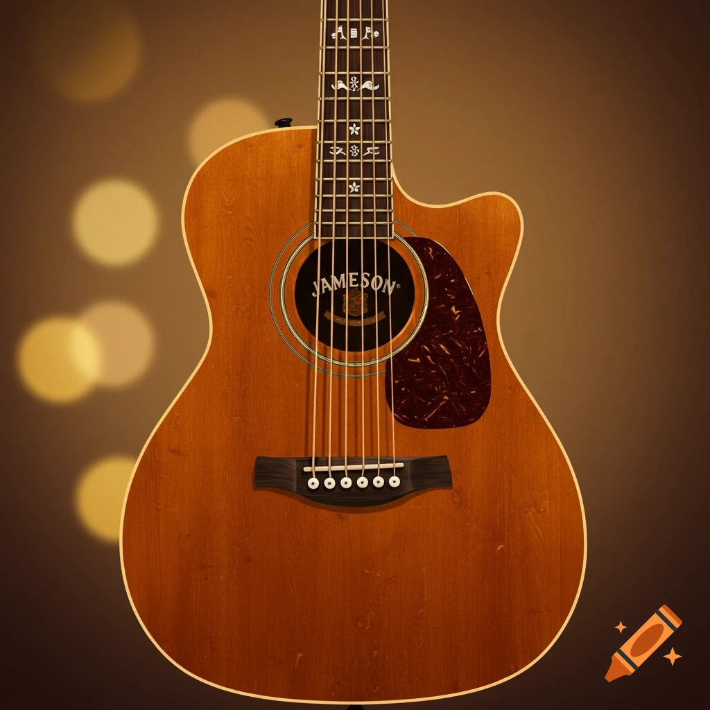 Close-up of a Jameson acoustic guitar with bokeh background