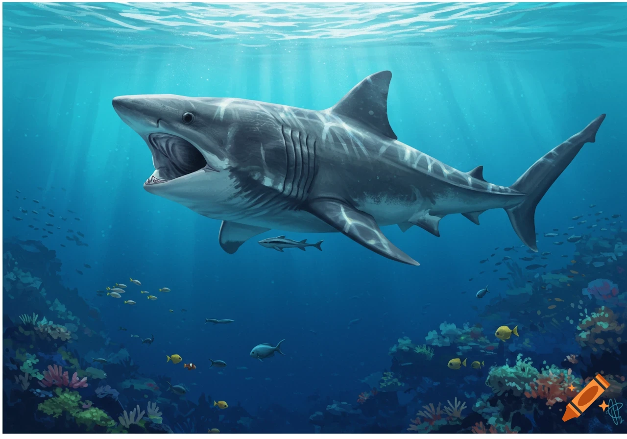 A large shark swims in the ocean with its mouth open near a vibrant coral reef.