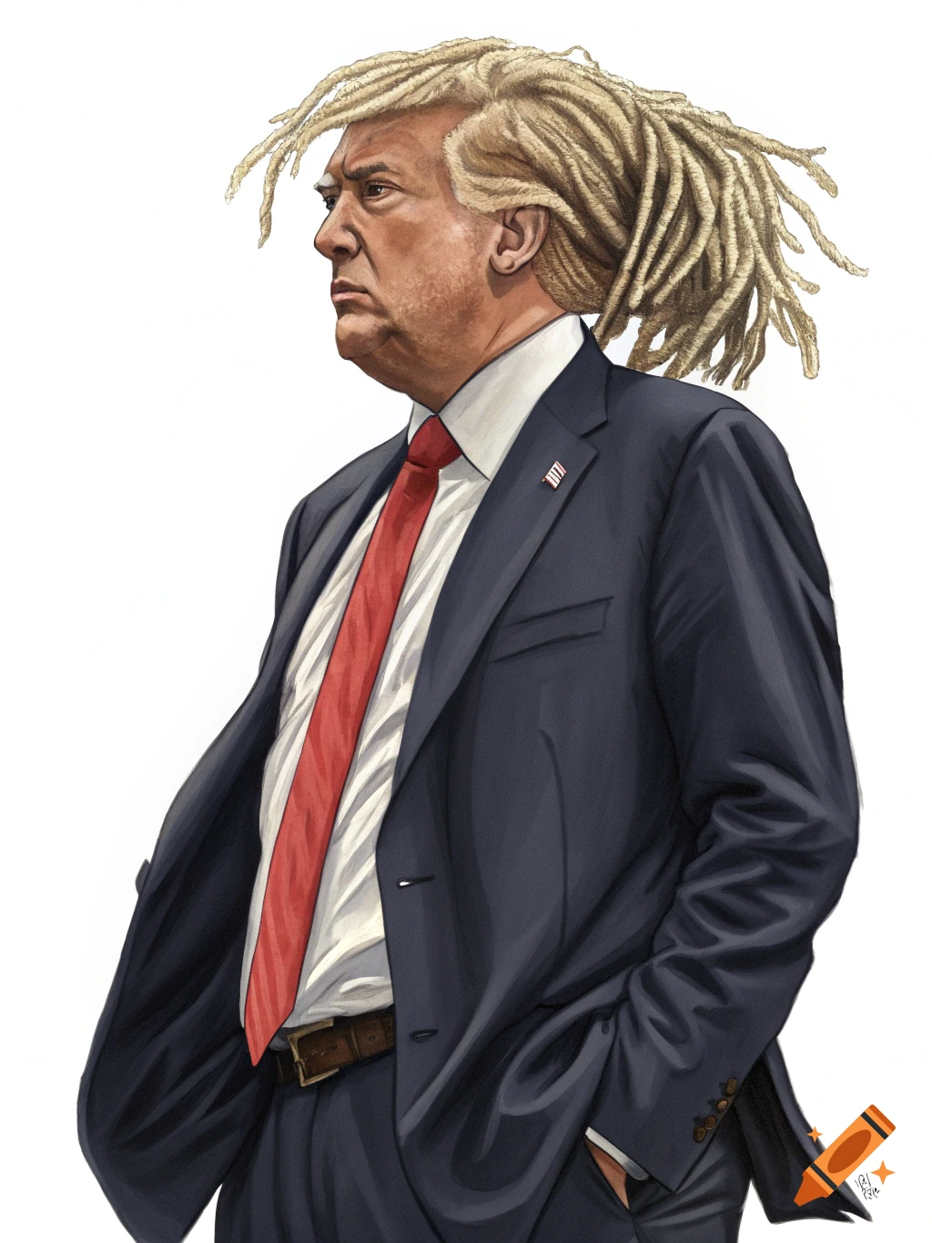 Illustration of Donald Trump wearing a suit and red tie, looking left with dreadlocks.