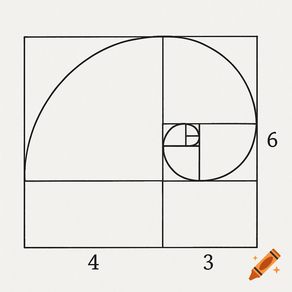 A black line diagram illustrating the golden spiral constructed within nested rectangles, with numbers 4, 3, and 6 outside the diagram.