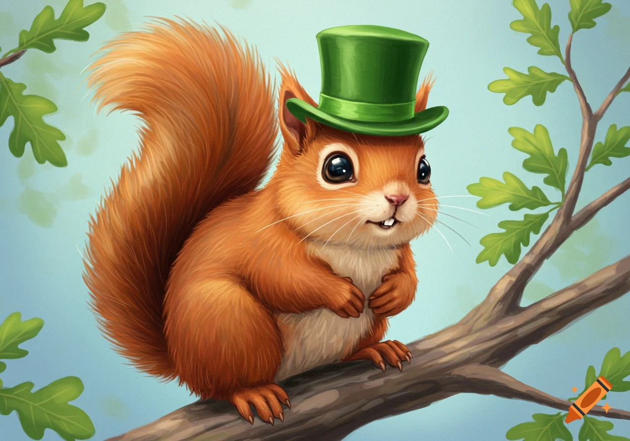 A cute illustrated squirrel wearing a green top hat sits on a tree branch.