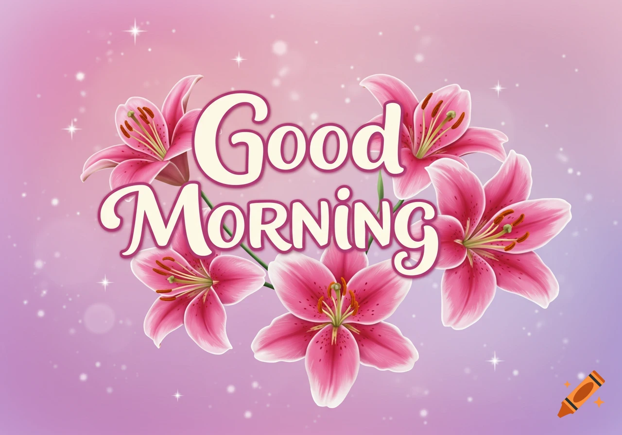 Good Morning text surrounded by pink lilies on a gradient background.