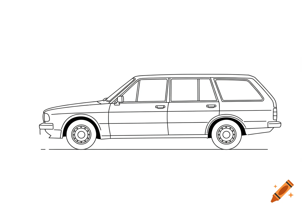 Side view black outline drawing of a station wagon car on a white background.