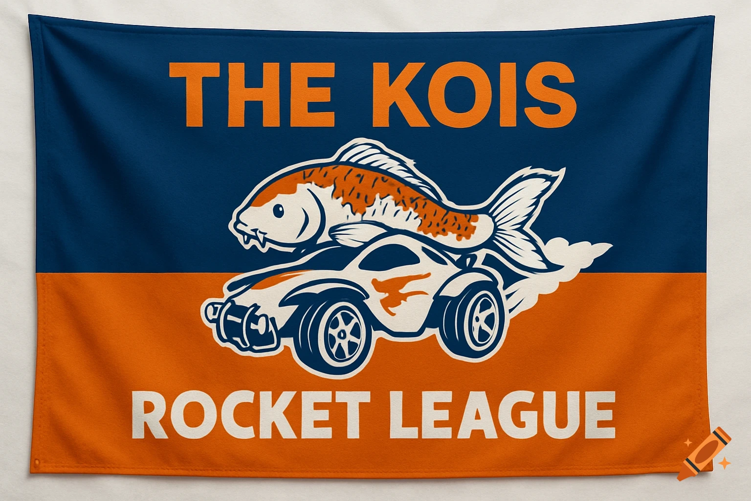 A flag with a navy blue top and orange bottom, featuring a koi fish riding a car. Text says 'THE KOIS ROCKET LEAGUE'.