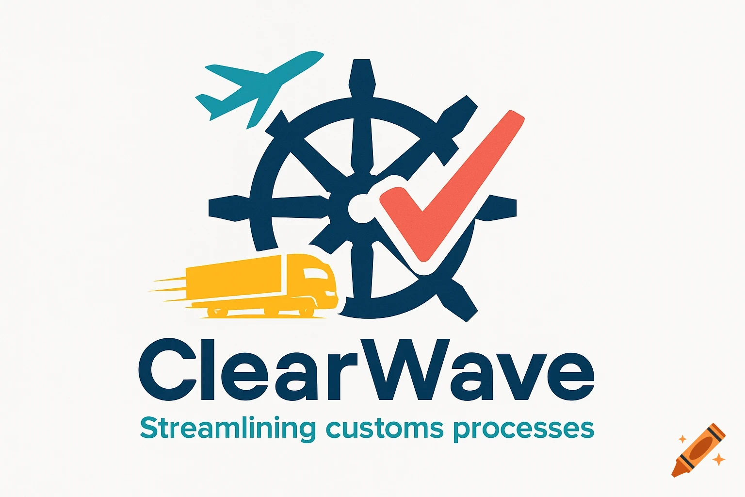 Logo with a ship's wheel, checkmark, airplane, truck, and text 'ClearWave Streamlining customs processes'.